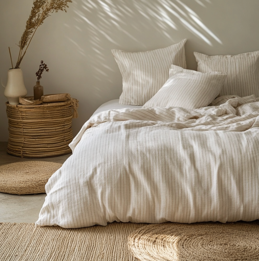 Housse de couette Harlem Haomy en double gaze de coton à fines rayures – 2 coloris élégants