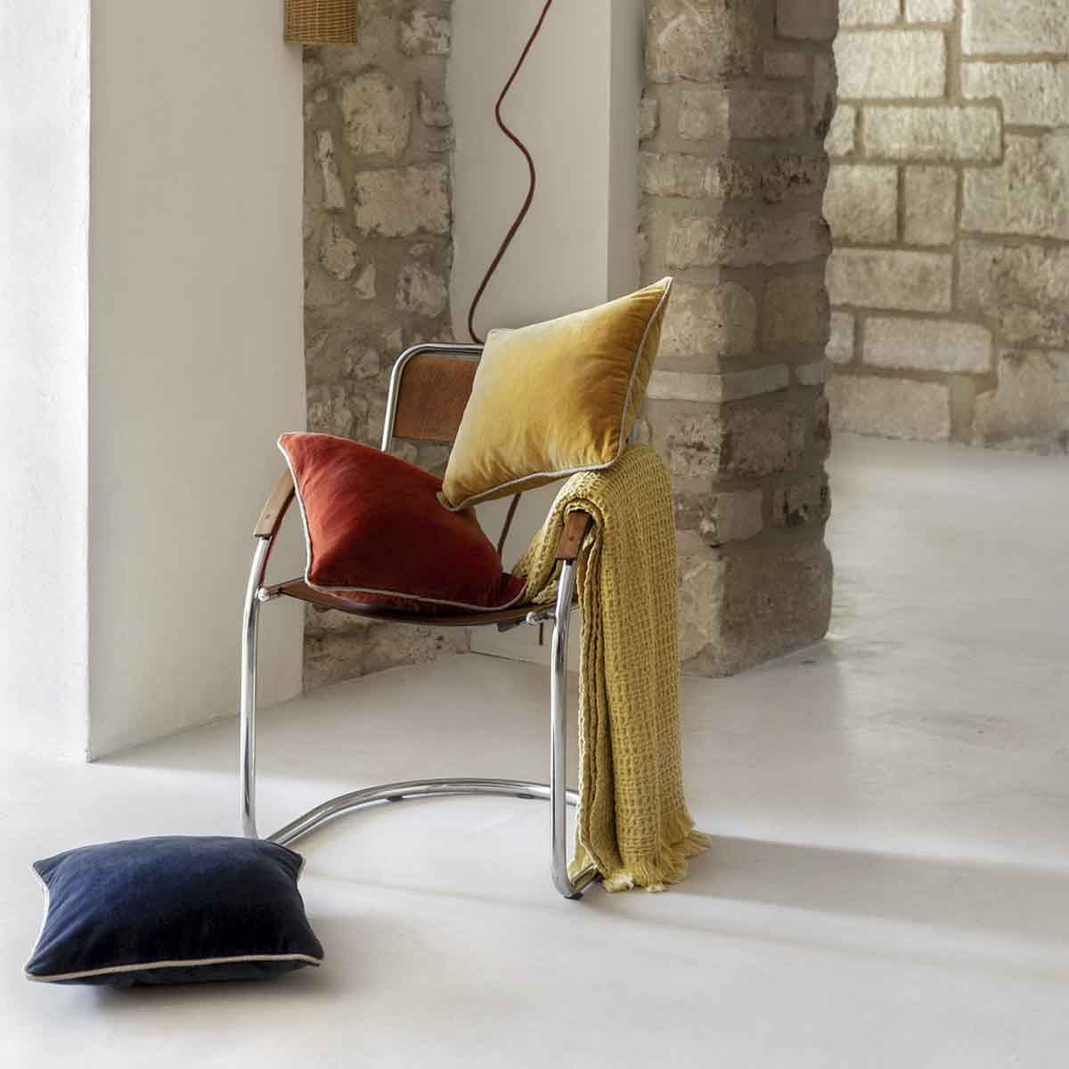 Housse de coussin velours New Delhi Haomy - Finition bourdon lin, 16 teintes raffinées