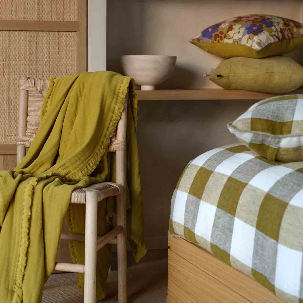 Housse de coussin en lin lavé Palma Haomy à grands carreaux – 4 coloris modernes