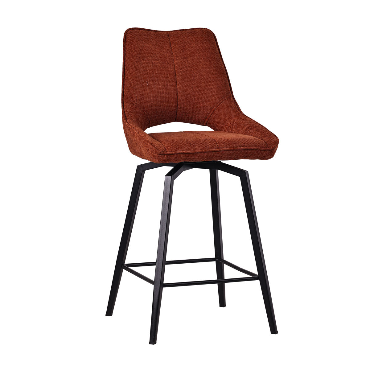 Magnifique chaise de bar, snack, tabouret pivotant en tissus microfibre avec pieds en métal noir mât, coloris Terracotta, chez Home Beddings and Curtains