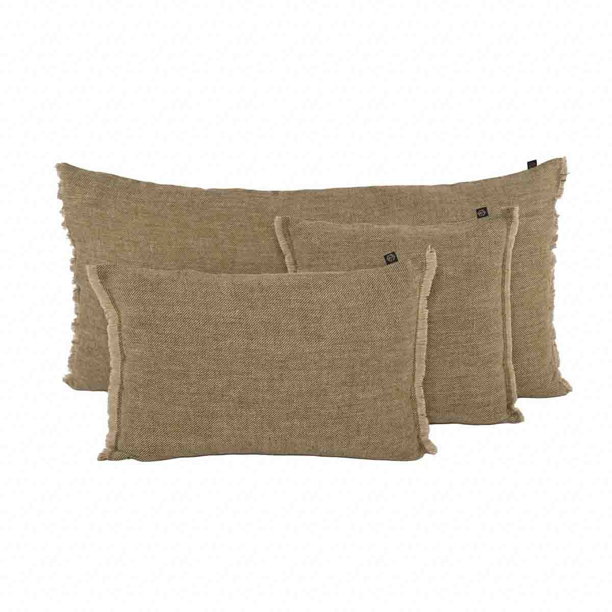 Coussin Cuba Haomy en lin lavé coloris Olive – finition frangée et look chiné