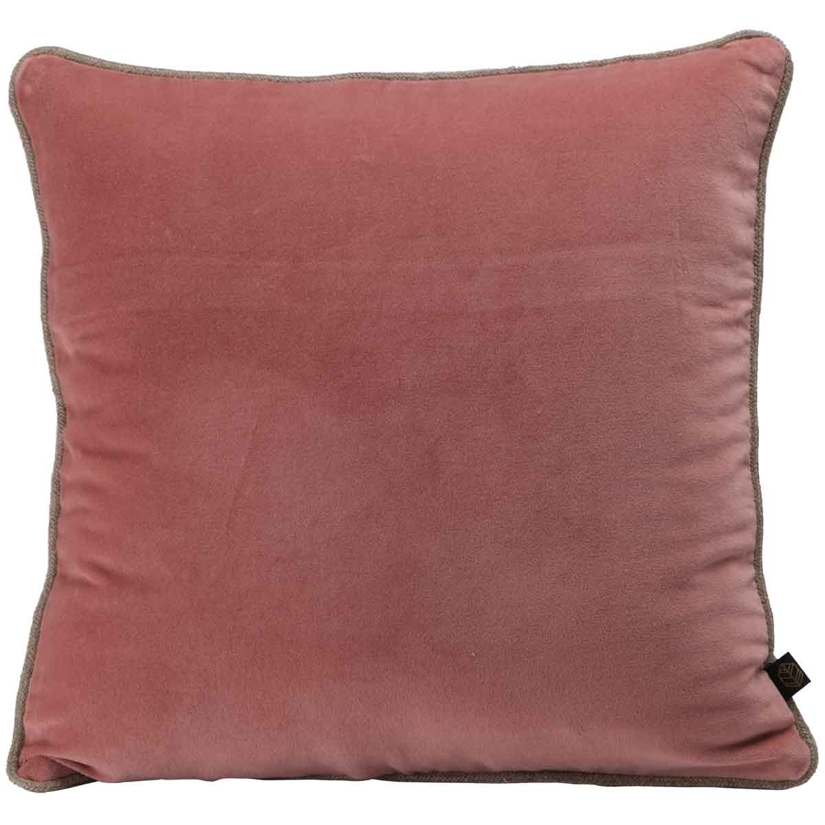 Coussin New Delhi Haomy en velours de coton coloris Bois de rose, 80x80 cm – finition bourdon en lin naturel, style chic et intemporel