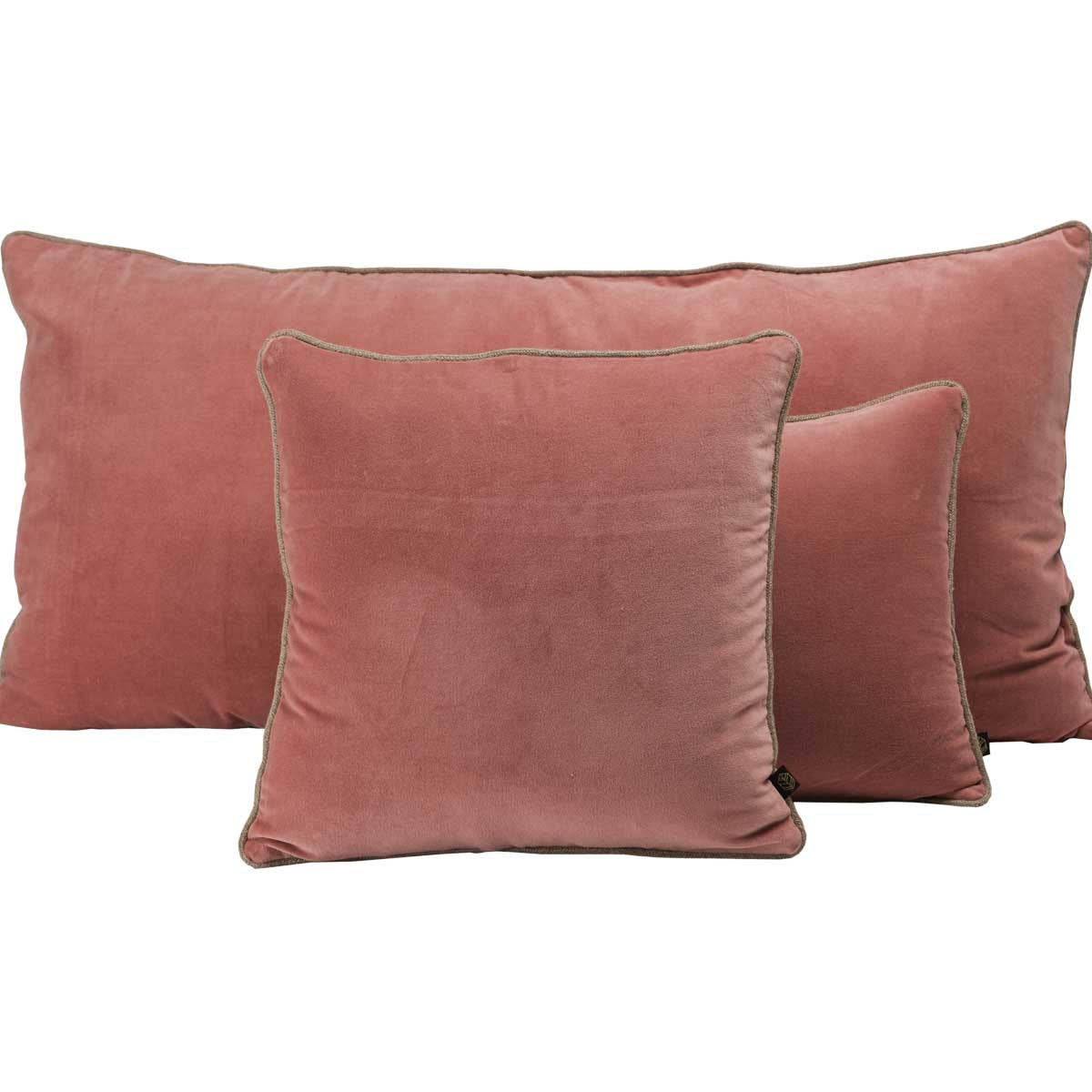 Coussin New Delhi Haomy en velours de coton coloris Bois de rose – finition bourdon en lin naturel, style chic et intemporel