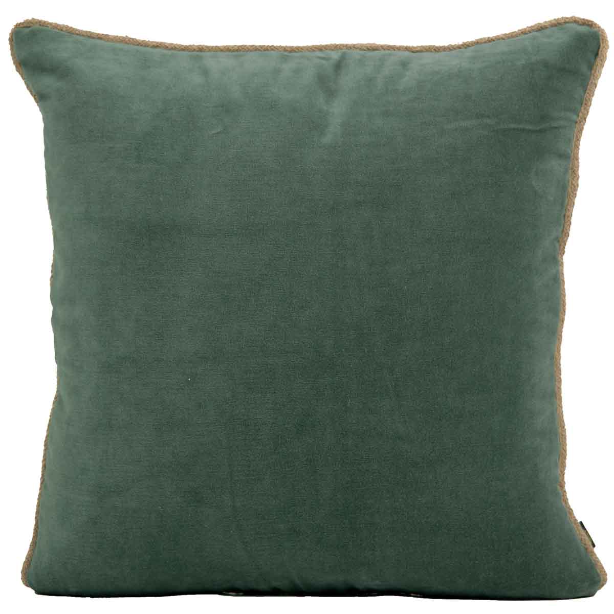 Coussin New Delhi Haomy en velours de coton coloris Céladon, 80x80 cm – finition bourdon en lin naturel, style chic et intemporel