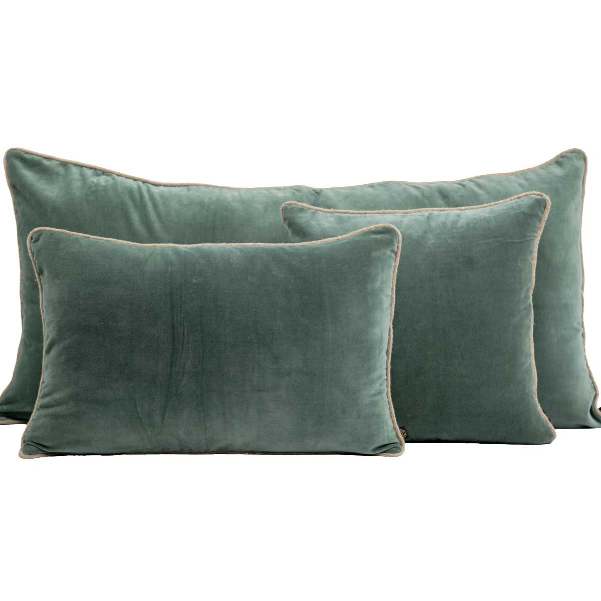 Coussin New Delhi Haomy en velours de coton coloris Céladon – finition bourdon en lin naturel, style chic et intemporel