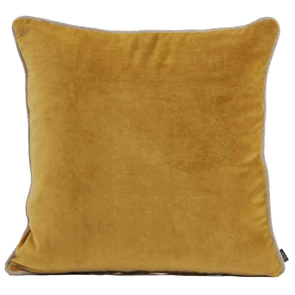 Coussin New Delhi Haomy en velours de coton coloris Chamois, 80x80 cm – finition bourdon en lin naturel, style chic et intemporel