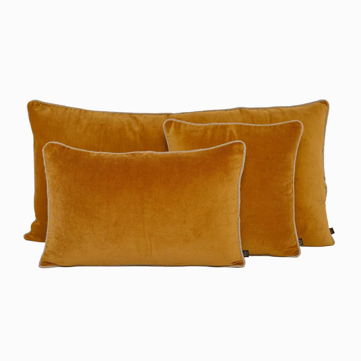 Coussin New Delhi Haomy en velours de coton coloris Daim– finition bourdon en lin naturel, style chic et intemporel