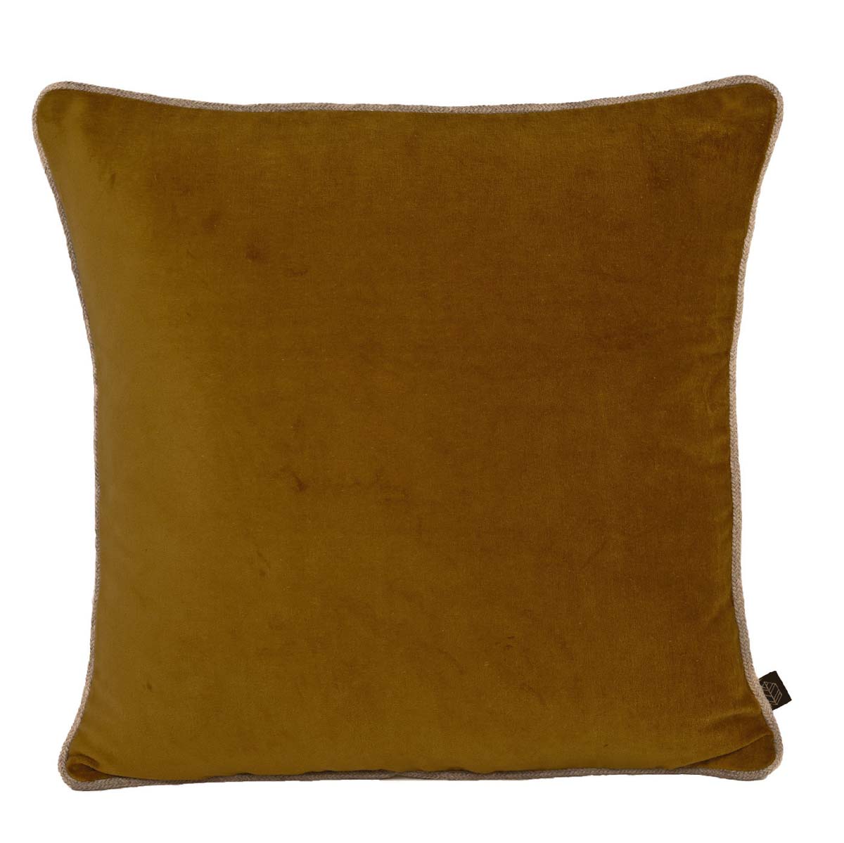 Coussin New Delhi Haomy en velours de coton coloris Gold, 80x80 cm – finition bourdon en lin naturel, style chic et intemporel