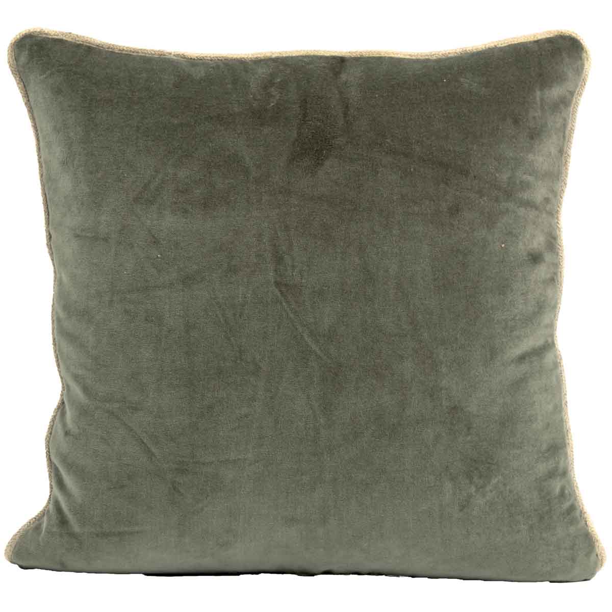 Coussin New Delhi Haomy en velours de coton coloris Kaki, 80x80 cm – finition bourdon en lin naturel, style chic et intemporel