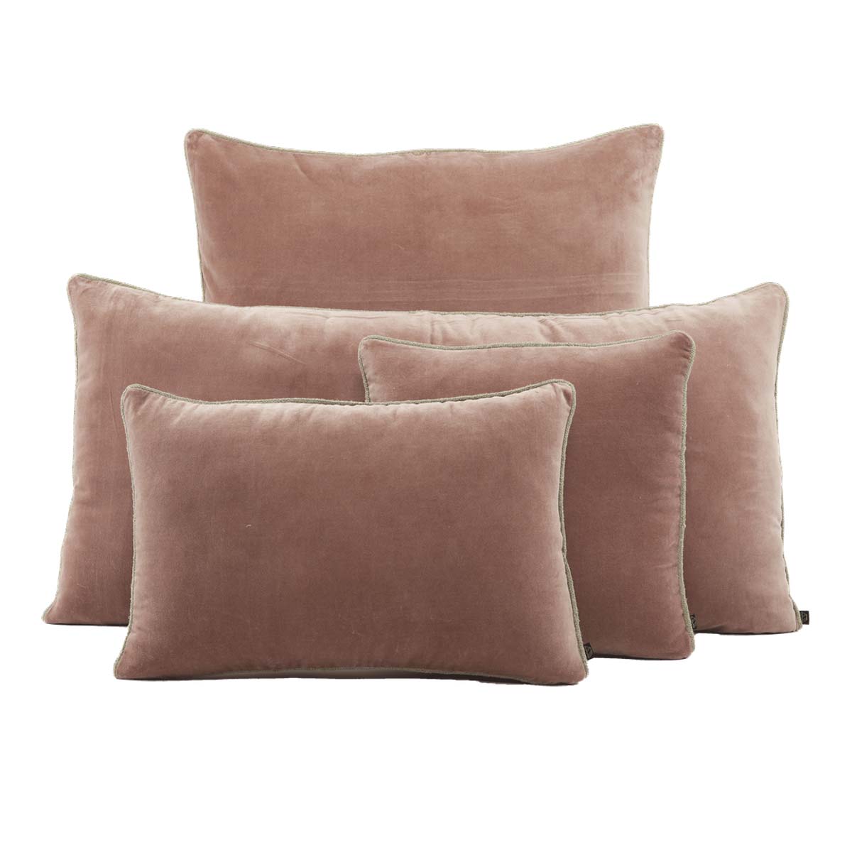 Coussin New Delhi Haomy en velours de coton coloris Mocaccino – finition bourdon en lin naturel, style chic et intemporel