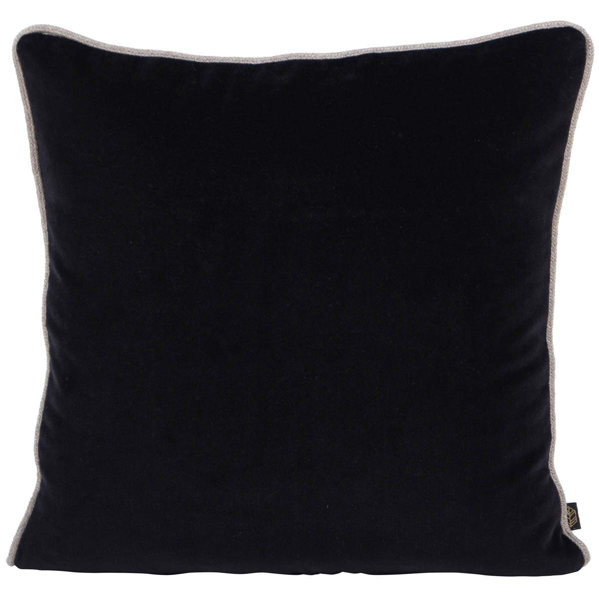 Coussin New Delhi Haomy en velours de coton coloris Noir, 80x80 cm – finition bourdon en lin naturel, style chic et intemporel