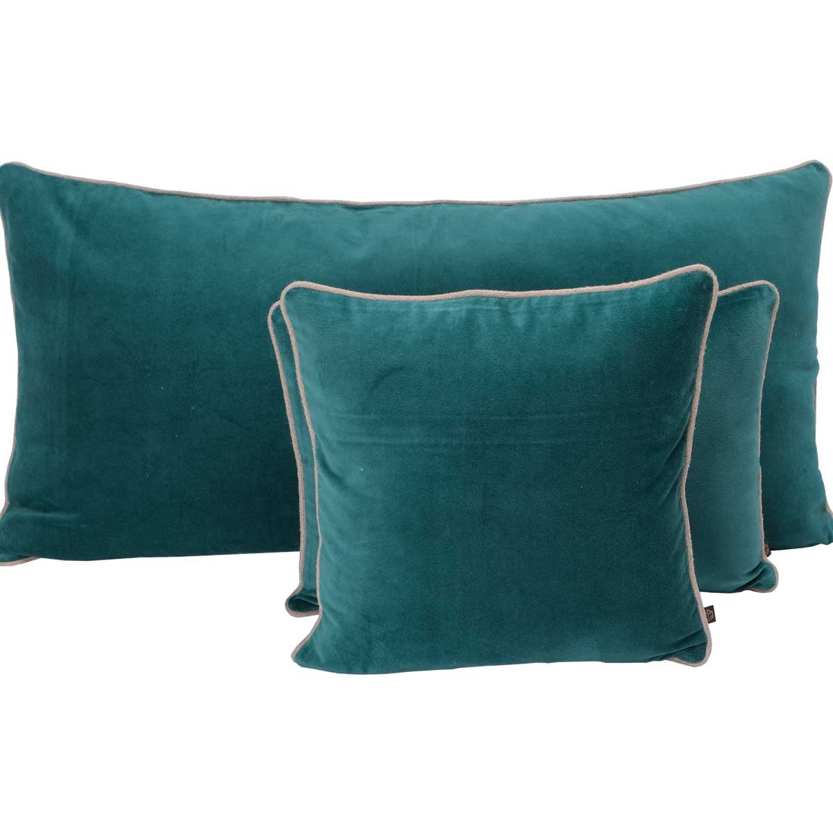 Coussin New Delhi Haomy en velours de coton coloris Peacock – finition bourdon en lin naturel, style chic et intemporel