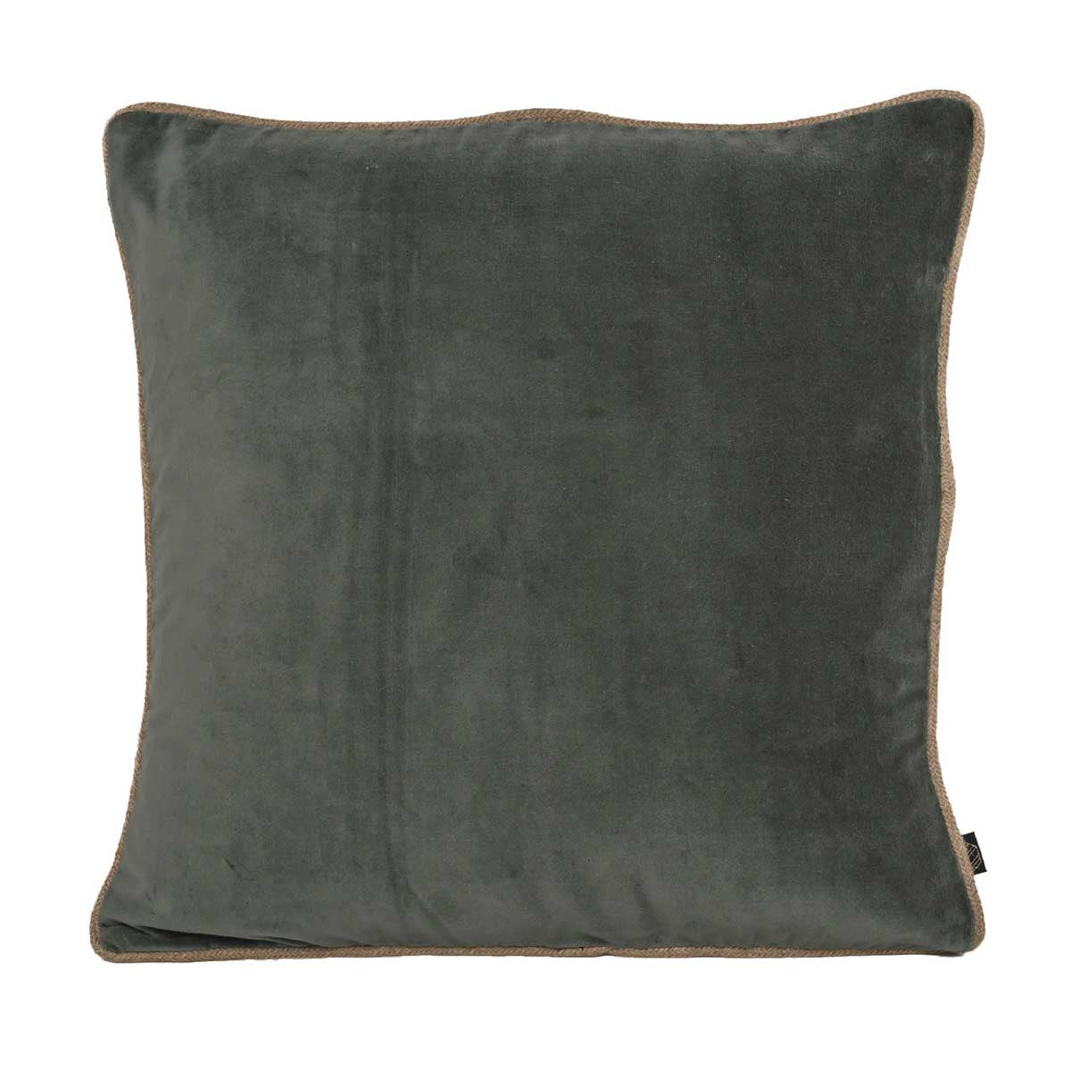 Coussin New Delhi Haomy en velours de coton coloris Kaki, 80x80 cm – finition bourdon en lin naturel, style chic et intemporel