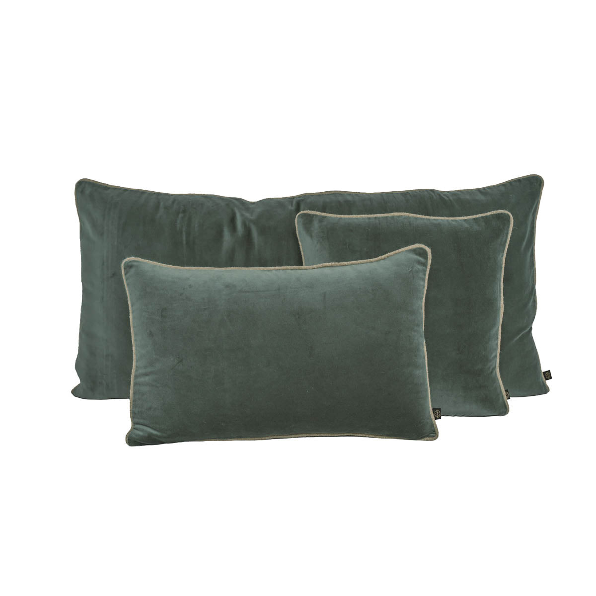 Coussin New Delhi Haomy en velours de coton coloris Pigeon – finition bourdon en lin naturel, style chic et intemporel