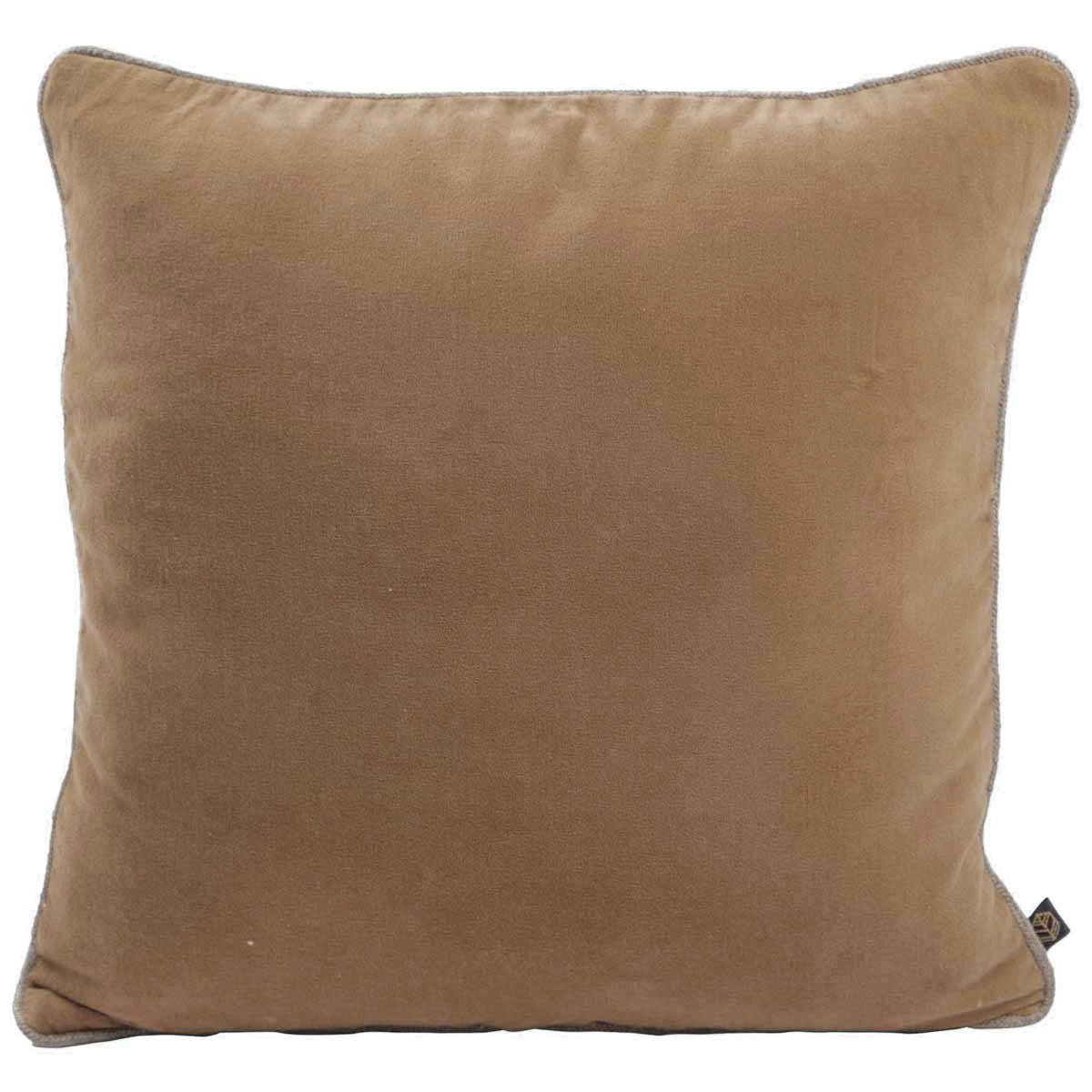 Coussin New Delhi Haomy en velours de coton coloris Tabac, 80x80 cm – finition bourdon en lin naturel, style chic et intemporel