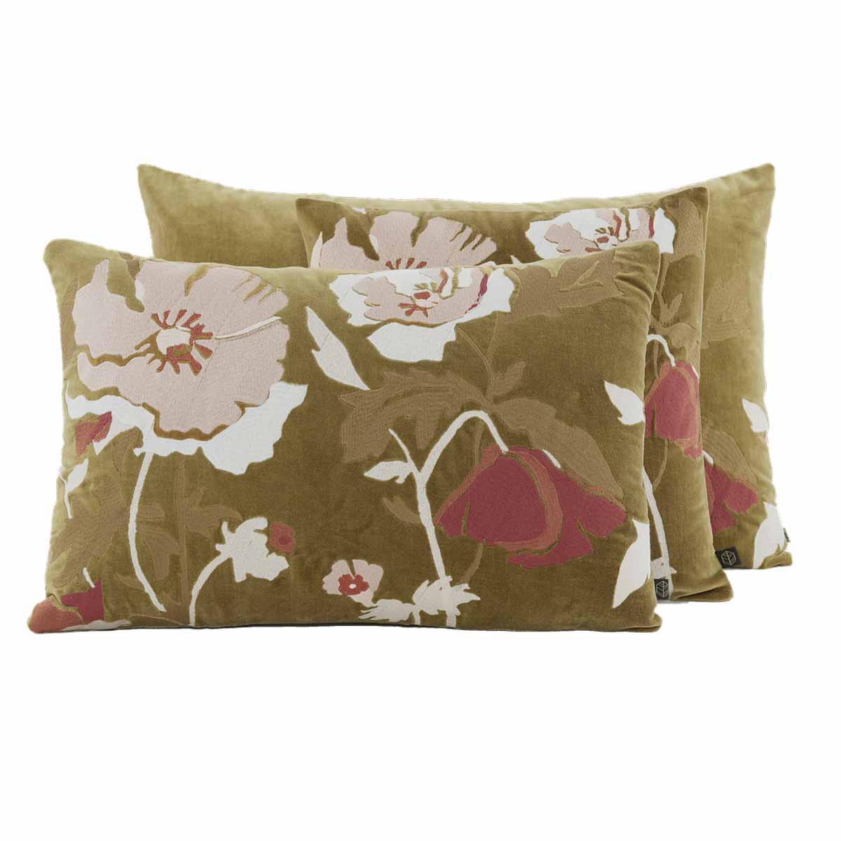 Coussin Bristol Haomy  en velours brodé à fleurs, coloris Gold – élégance sobre et texture raffinée pour une déco chic