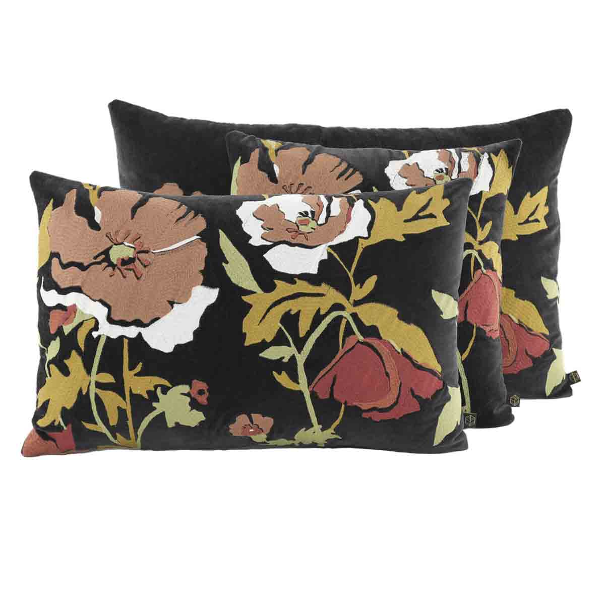 Coussin Bristol Haomy  en velours brodé à fleurs, coloris Noir – élégance sobre et texture raffinée pour une déco chic