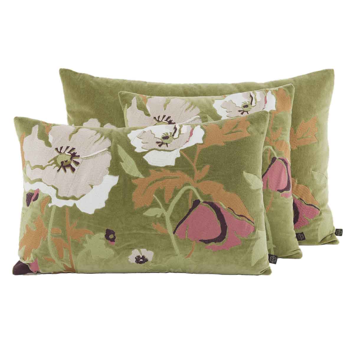 Coussin Bristol Haomy  en velours brodé à fleurs, coloris Olive – élégance sobre et texture raffinée pour une déco chic