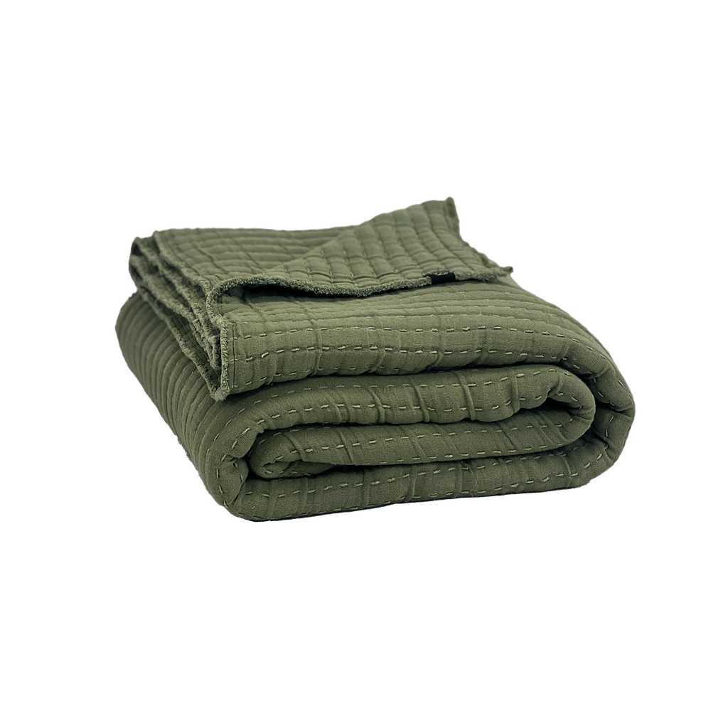 Couvre-lit Tivoli Haomy, Harmony Textile, 240x260 cm en coton lavé avec finition point kanta et franges, jeté de lit déco chaleureux et naturel, coloris Kaki