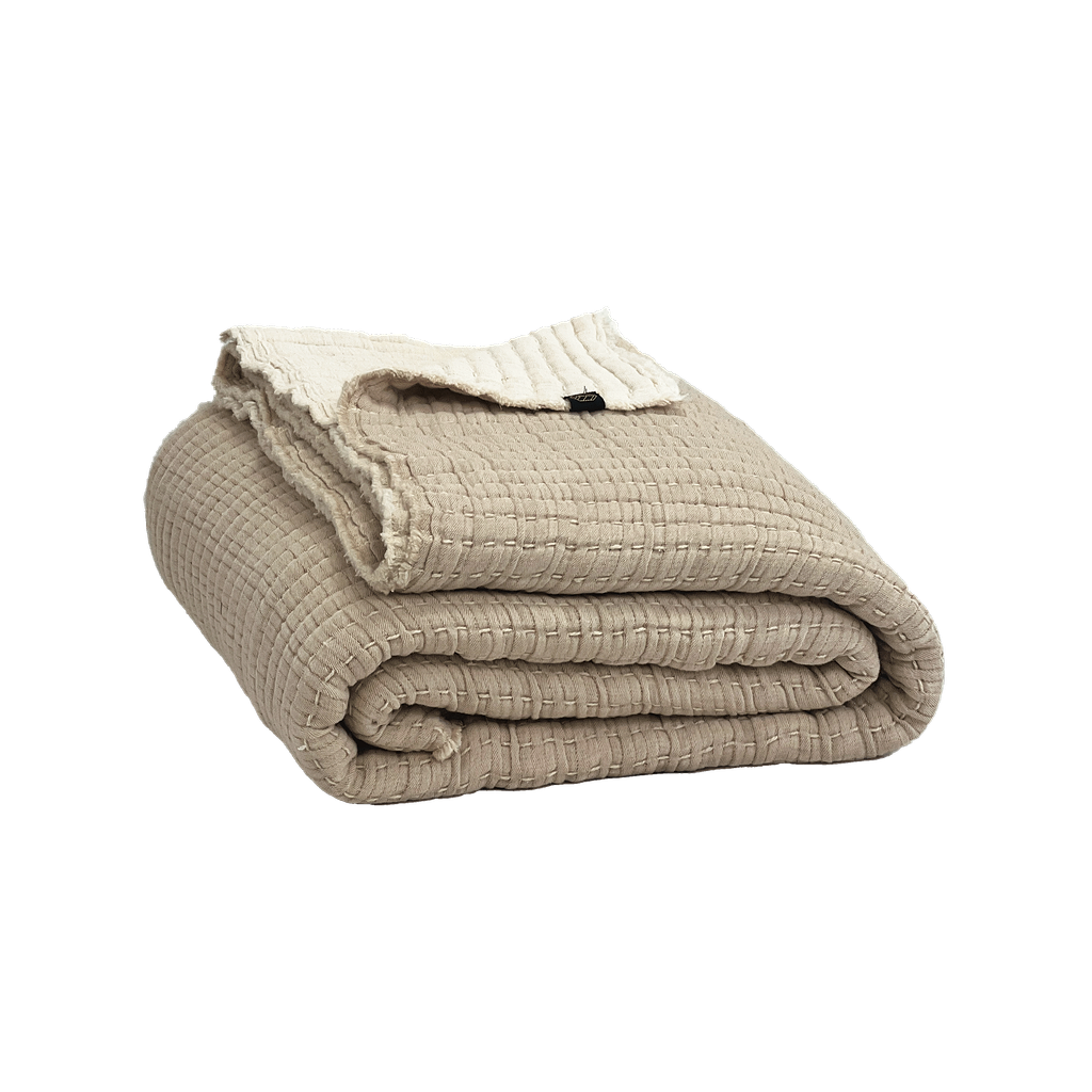 Couvre-lit Tivoli Haomy, Harmony Textile, 240x260 cm en coton lavé avec finition point kanta et franges, jeté de lit déco chaleureux et naturel, coloris Lin/Ivoire