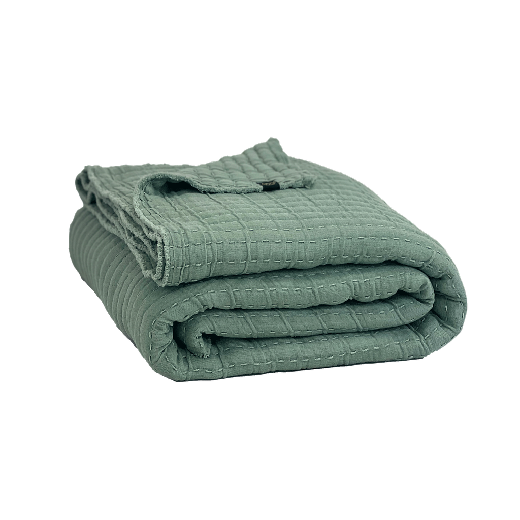 Couvre-lit Tivoli Haomy, Harmony Textile, 240x260 cm en coton lavé avec finition point kanta et franges, jeté de lit déco chaleureux et naturel, coloris Sauge