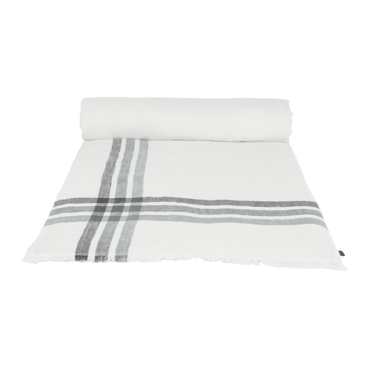 Édredon Paros Haomy en lin lavé, coloris Pigeon – motif à andes tissées et finitions frangées, bout de lit élégant et naturel