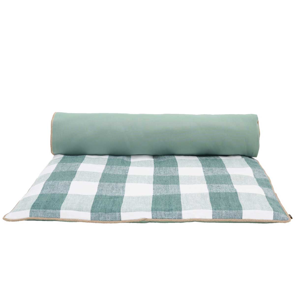 Édredon Palma Haomy en lin lavé à grands carreaux – coloris celadon, bout de lit élégant et naturel