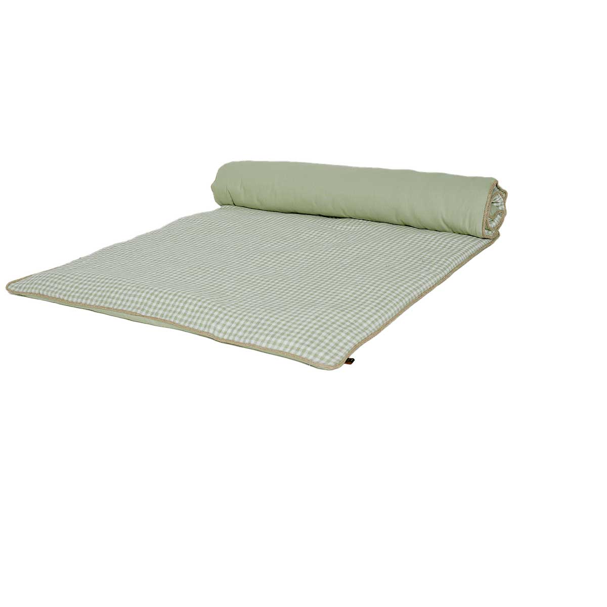 Édredon Piana Haomy en lin lavé, petits carreaux vichy, coloris Amande – finition élégante et chaleureuse