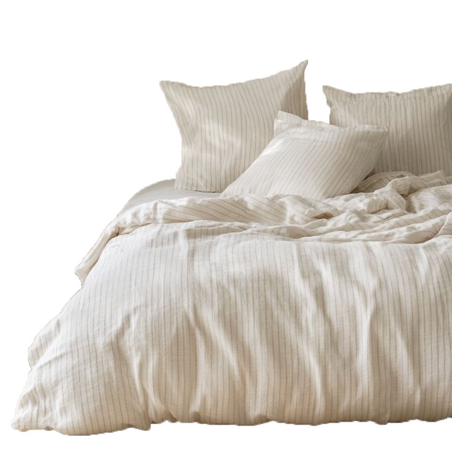 Housse de couette Harlem Haomy en double gaze de coton lavée à fines rayures coloris Lin – élégance naturelle et douceur