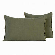 Coussin Limy Haomy en lin et coton, coloris Kaki – finition frangée et texture douce pour une déco élégante