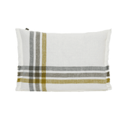 Housse de coussin Paros Haomy en lin lavé, coloris Citrus – motif à bandes tissées et finition frangée