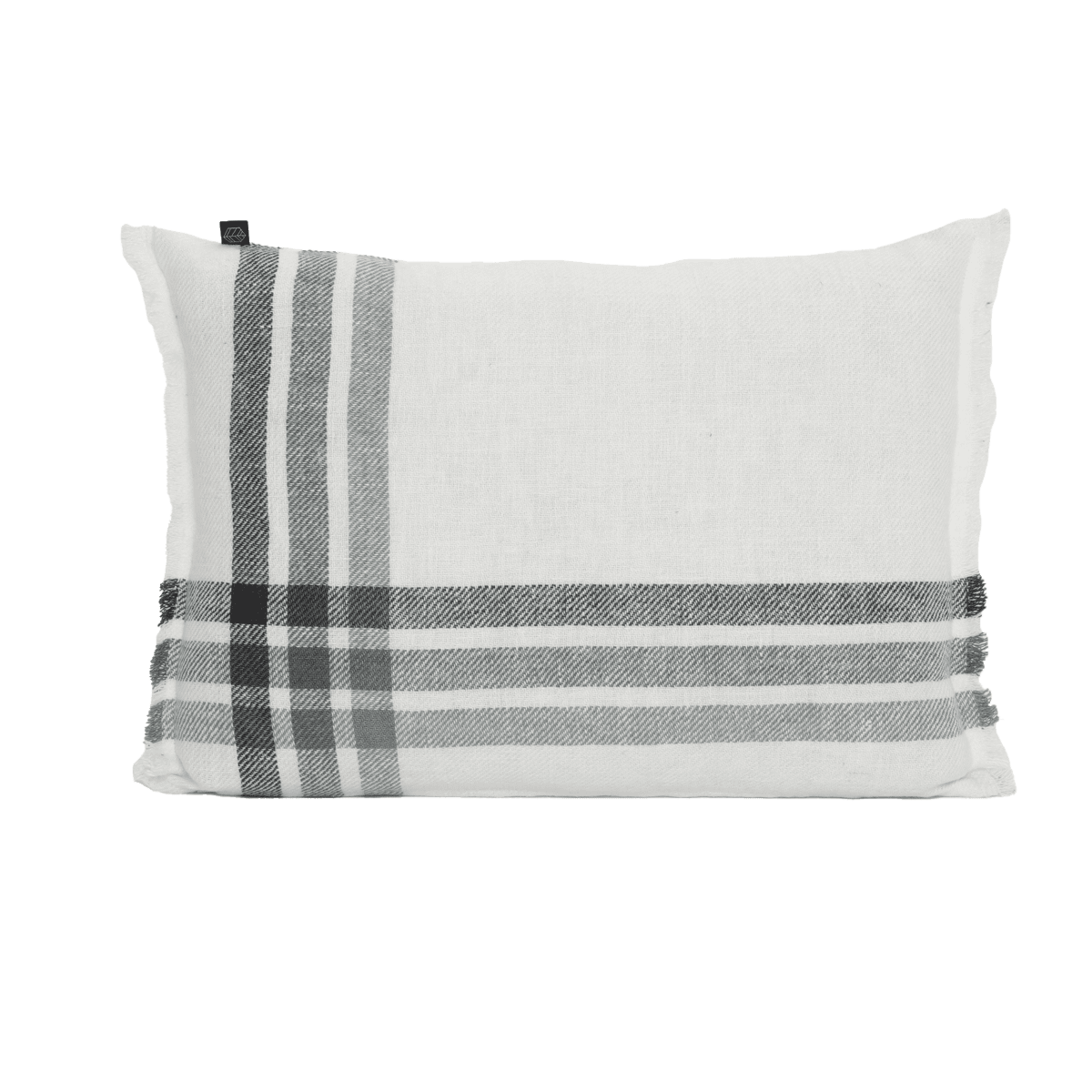 Housse de coussin Paros Haomy en lin lavé, coloris Pigeon – motif à bandes tissées et finition frangée