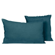 Housse de coussin Viti Haomy en lin lavé, coloris Bleu de prusse, avec petites franges décoratives – élégance et douceur naturelle