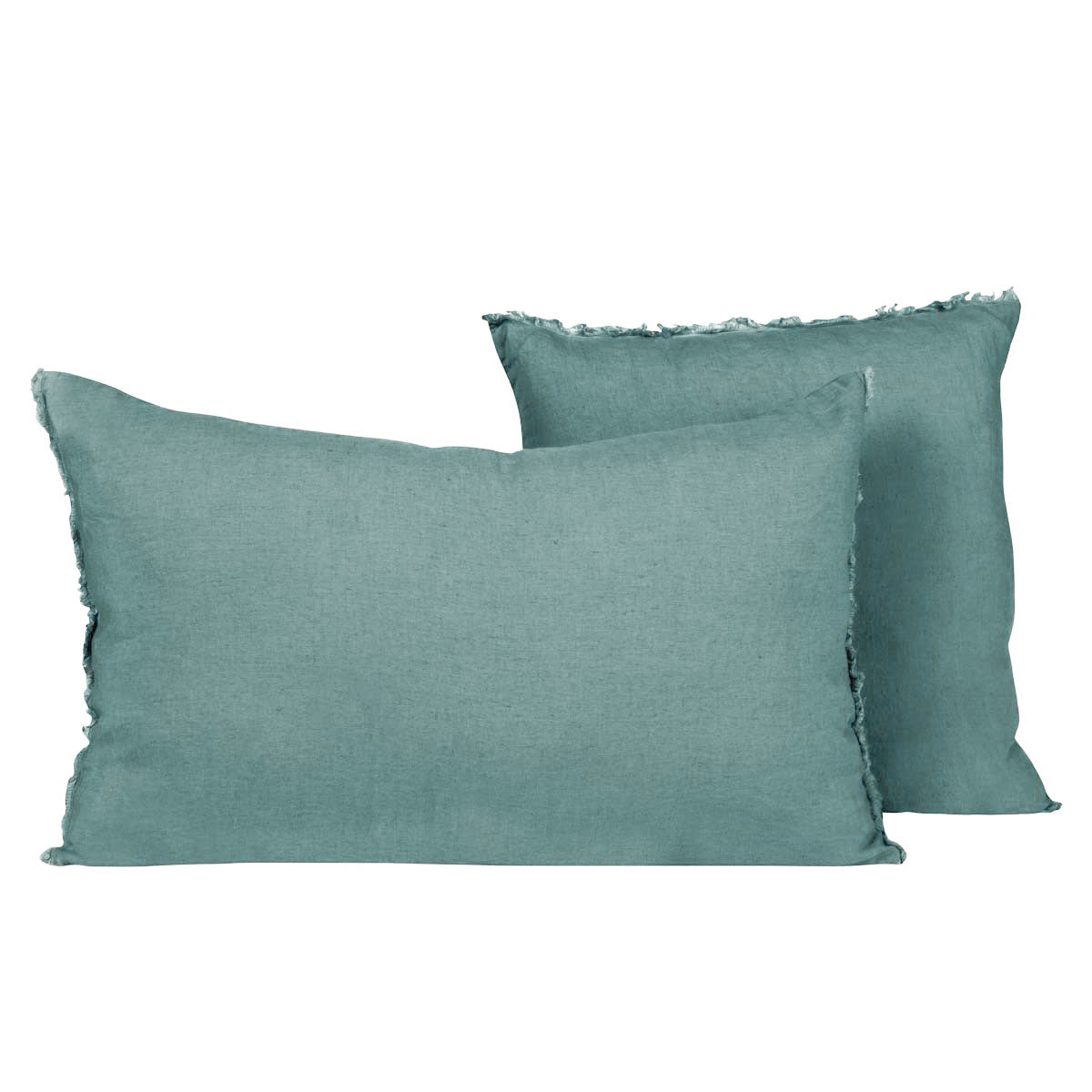 Housse de coussin Viti Haomy en lin lavé, coloris Céladon, avec petites franges décoratives – élégance et douceur naturelle