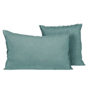Housse de coussin Viti Haomy en lin lavé, coloris Céladon, avec petites franges décoratives – élégance et douceur naturelle