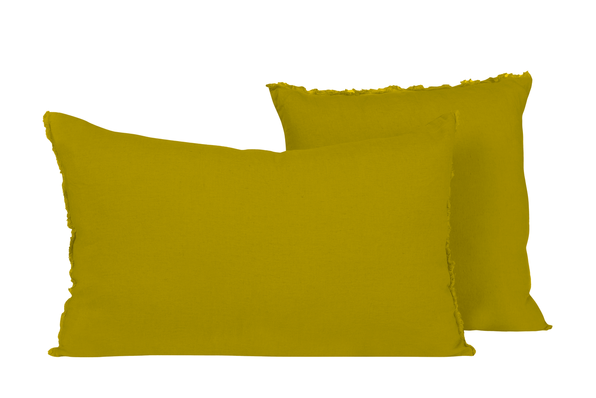 Housse de coussin Viti Haomy en lin lavé, coloris Citrus, avec petites franges décoratives – élégance et douceur naturelle