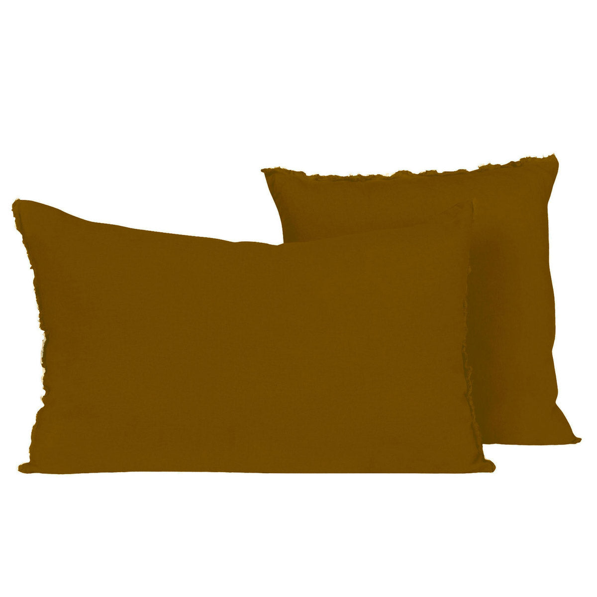 Housse de coussin Viti Haomy en lin lavé, coloris Gold, avec petites franges décoratives – élégance et douceur naturelle