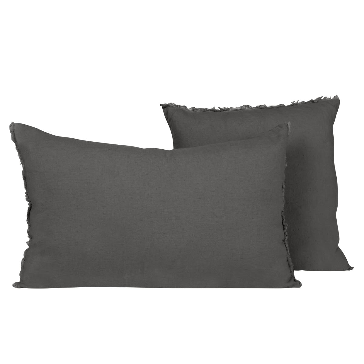 Housse de coussin Viti Haomy en lin lavé, coloris Granit, avec petites franges décoratives – élégance et douceur naturelle