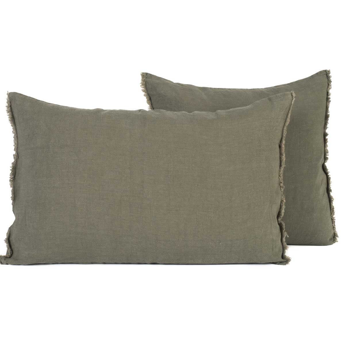Housse de coussin Viti Haomy en lin lavé, coloris Kaki, avec petites franges décoratives – élégance et douceur naturelle