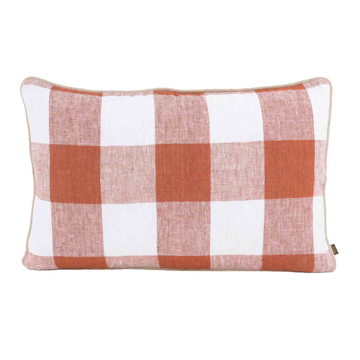 Housse de coussin Palma en lin lavé à grands carreaux 40x60 cm,  coloris Brick – collection Haomy Harmony Textile, style naturel et élégant.