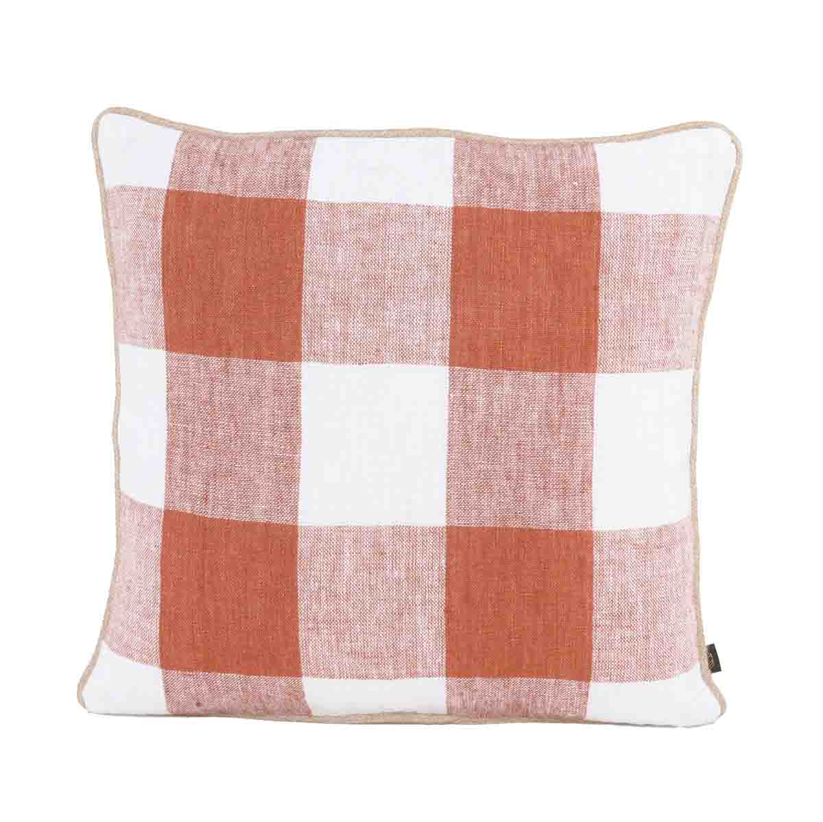 Housse de coussin Palma en lin lavé à grands carreaux 45x45 cm , coloris Brick – collection Haomy Harmony Textile, style naturel et élégant.