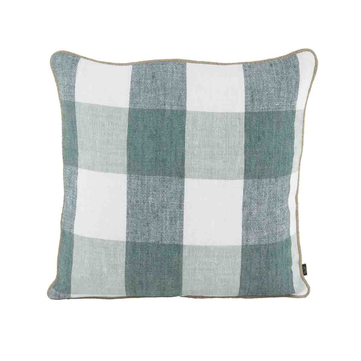 Housse de coussin Palma en lin lavé à grands carreaux 45x45 cm , coloris Céladon – collection Haomy Harmony Textile, style naturel et élégant.