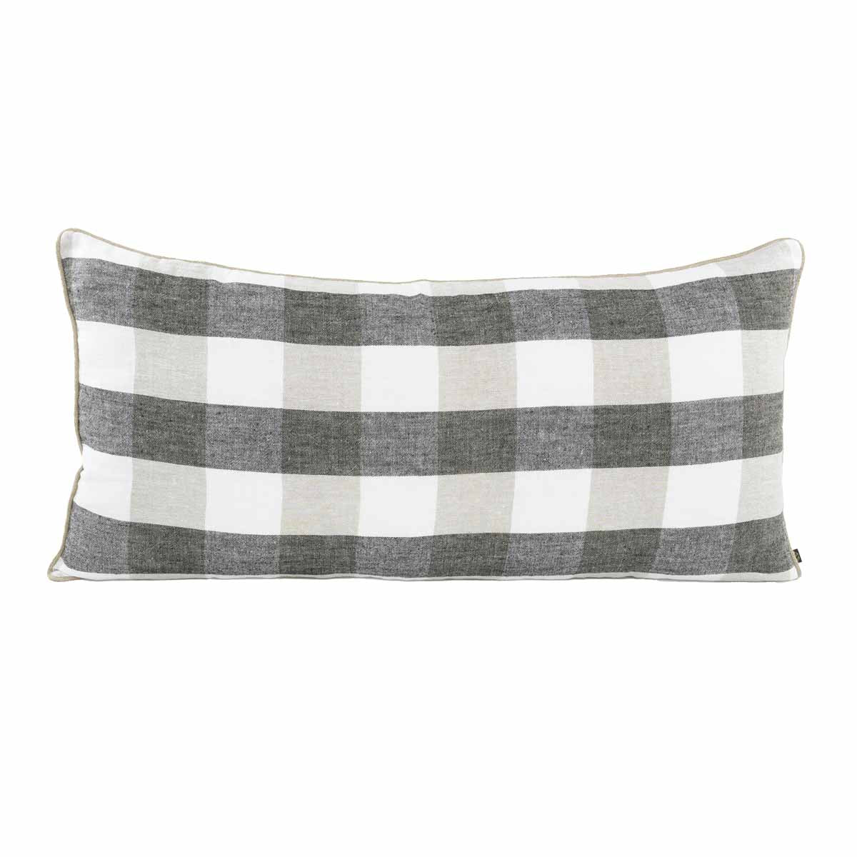 Housse de coussin Palma en lin lavé à grands carreaux 55x110 cm,  coloris Lin – collection Haomy Harmony Textile, style naturel et élégant.