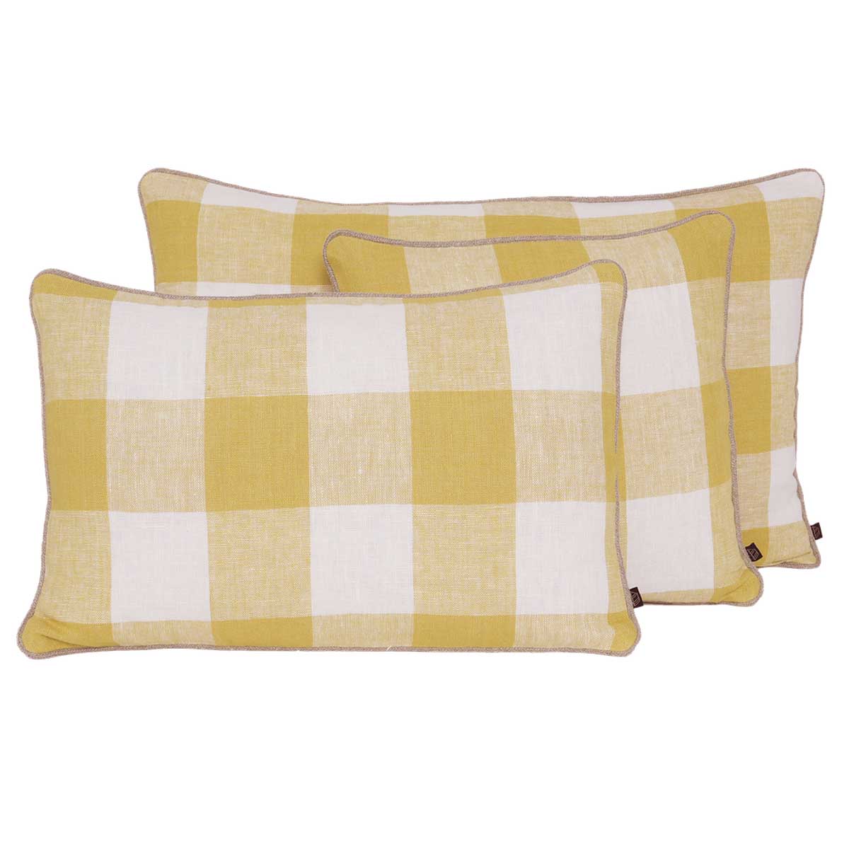 Housse de coussin Palma II Haomy en lin lavé, coloris Paille – grands carreaux sobres et texture douce