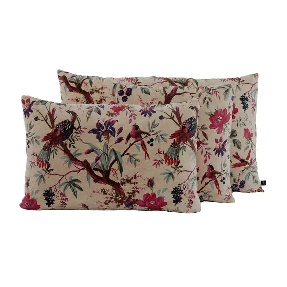 Housse de coussin Birdy en velours lin imprimé oiseaux et fleurs – Haomy Harmony Textile, touche douce et romantique pour une déco chic.