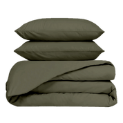 Housse de couette et taies en percale de coton lavé Venezia – coloris Kaki – Haomy Harmony Textile, finition élégante et texture douce pour une chambre chic et intemporelle.