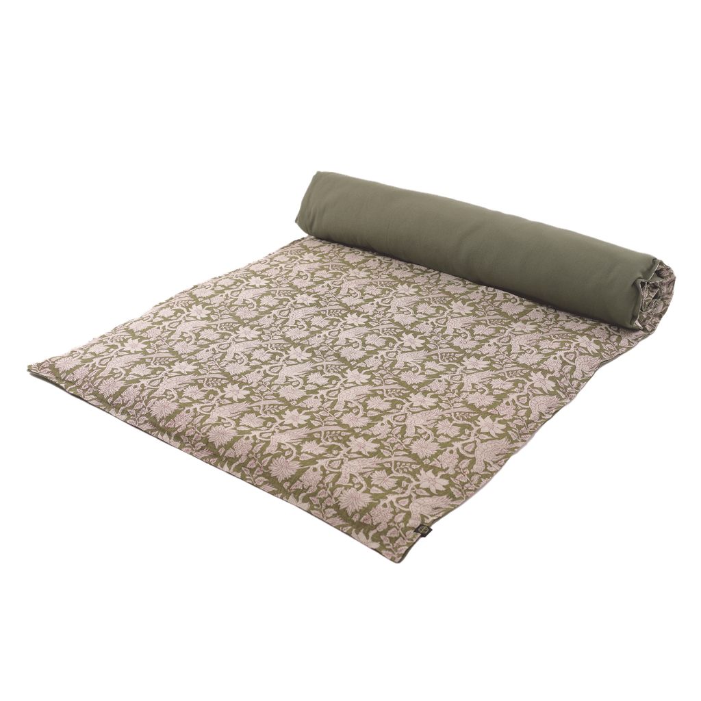 Housse d’édredon Jaipur Haomy, Harmony Textile en lin lavé imprimé, motif décoratif avec verso uni en coton, coloris Kaki