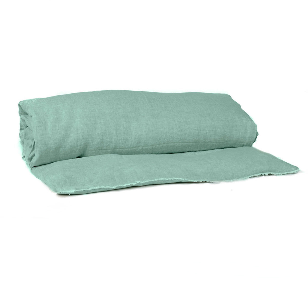 Housse d’édredon Limy Haomy en lin lavé et coton, coloris Céladon – finition frangée et douceur naturelle