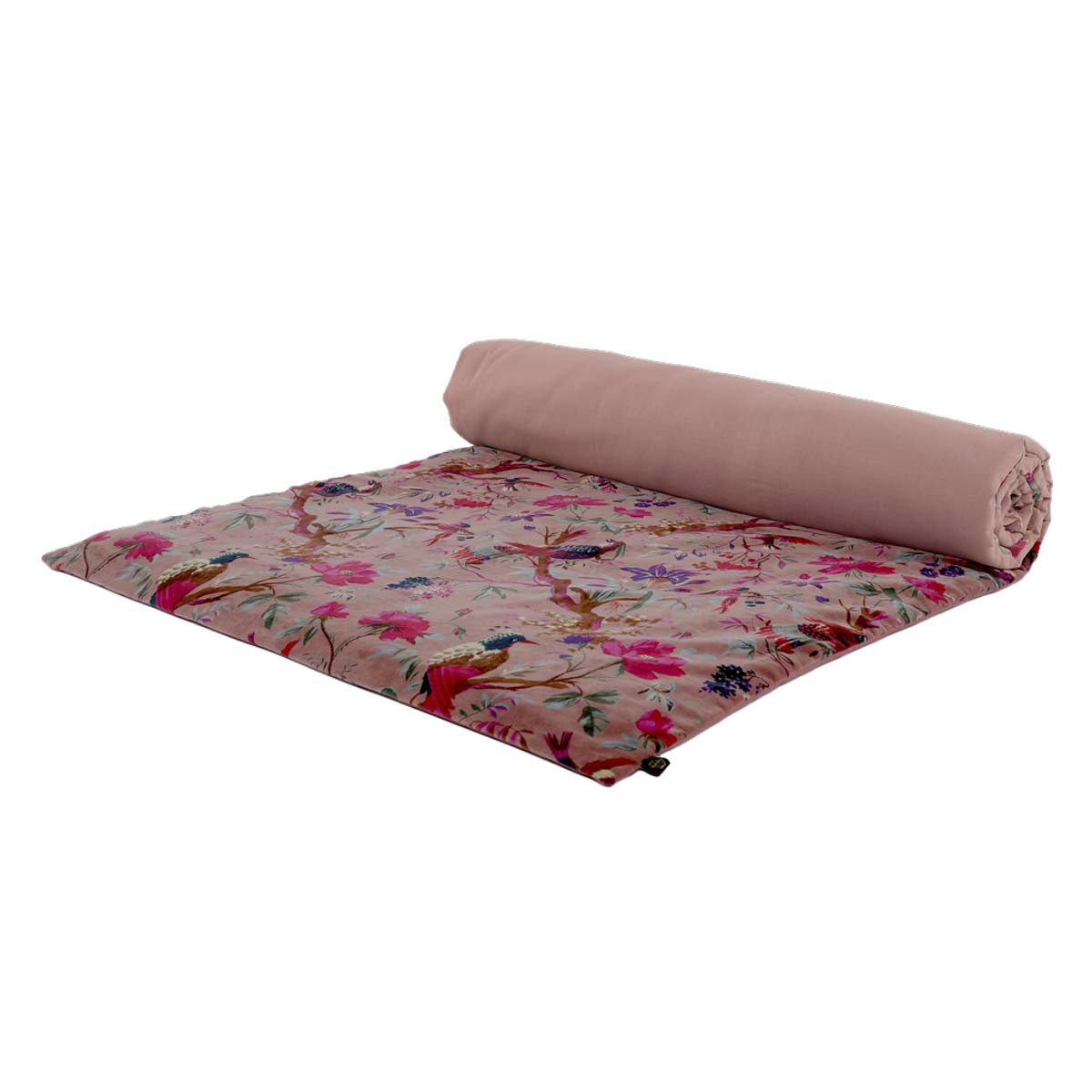 Housse d’édredon Birdy en velours Bois de rose, imprimé oiseaux et fleurs – Haomy Harmony Textile, ambiance nature chic et cosy.