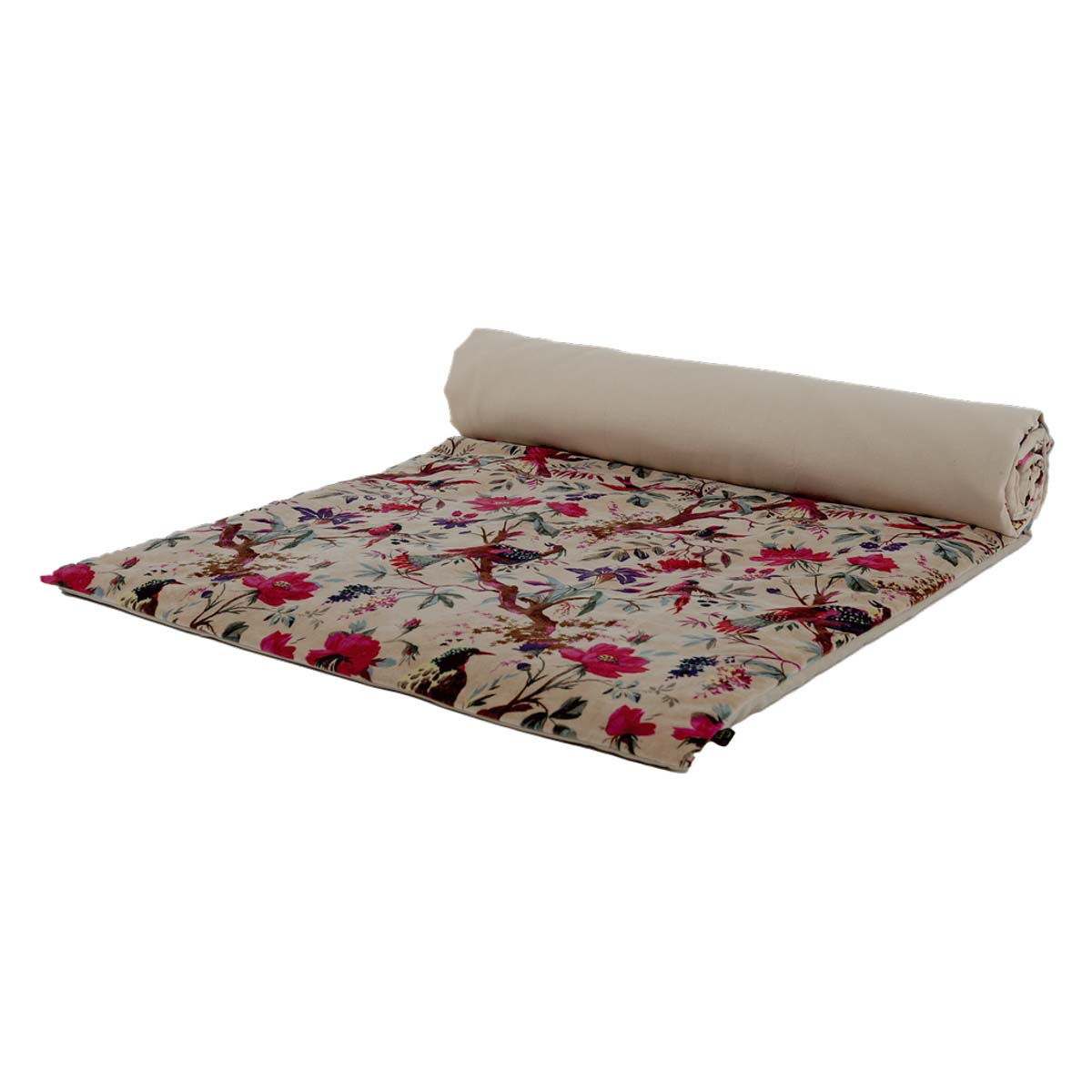 Housse d’édredon Birdy en velours Lin, imprimé oiseaux et fleurs – Haomy Harmony Textile, ambiance nature chic et cosy.